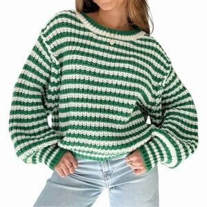 Grey Bandit Striped Green and White Cozy Knit Sweater